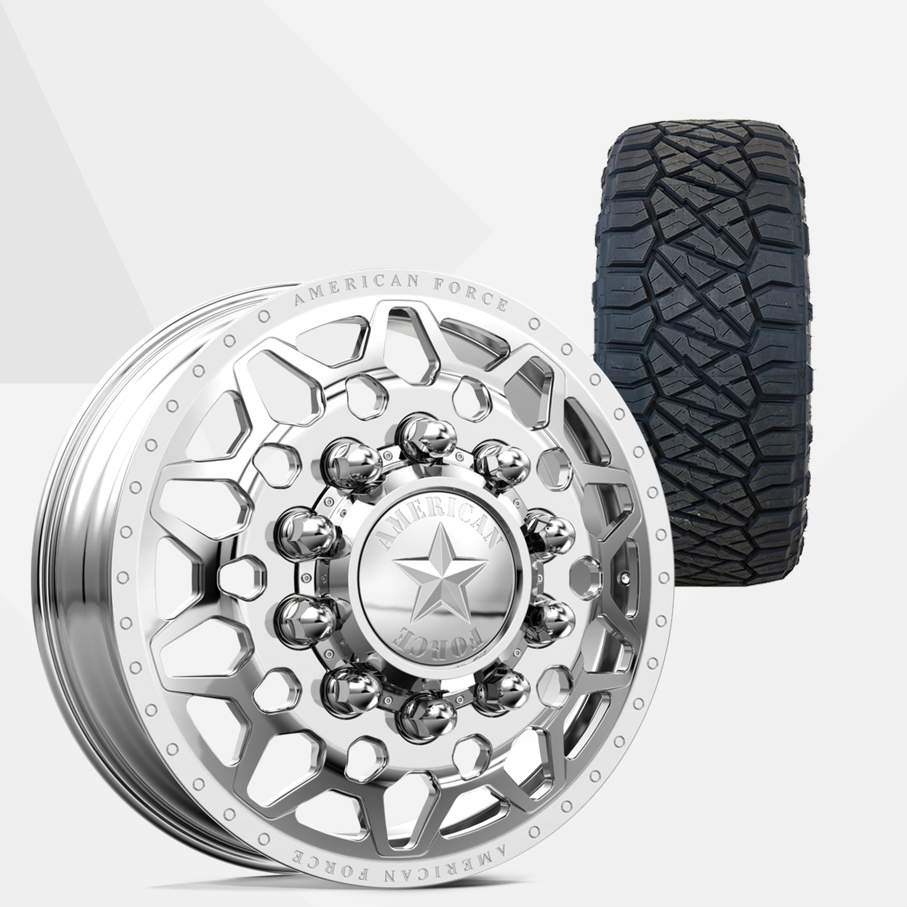 American Force Orion Polished 22x8.25 Wheels & Nitto Tires Ridge Grappler 315/45R22 Tires - 22" Dually Package