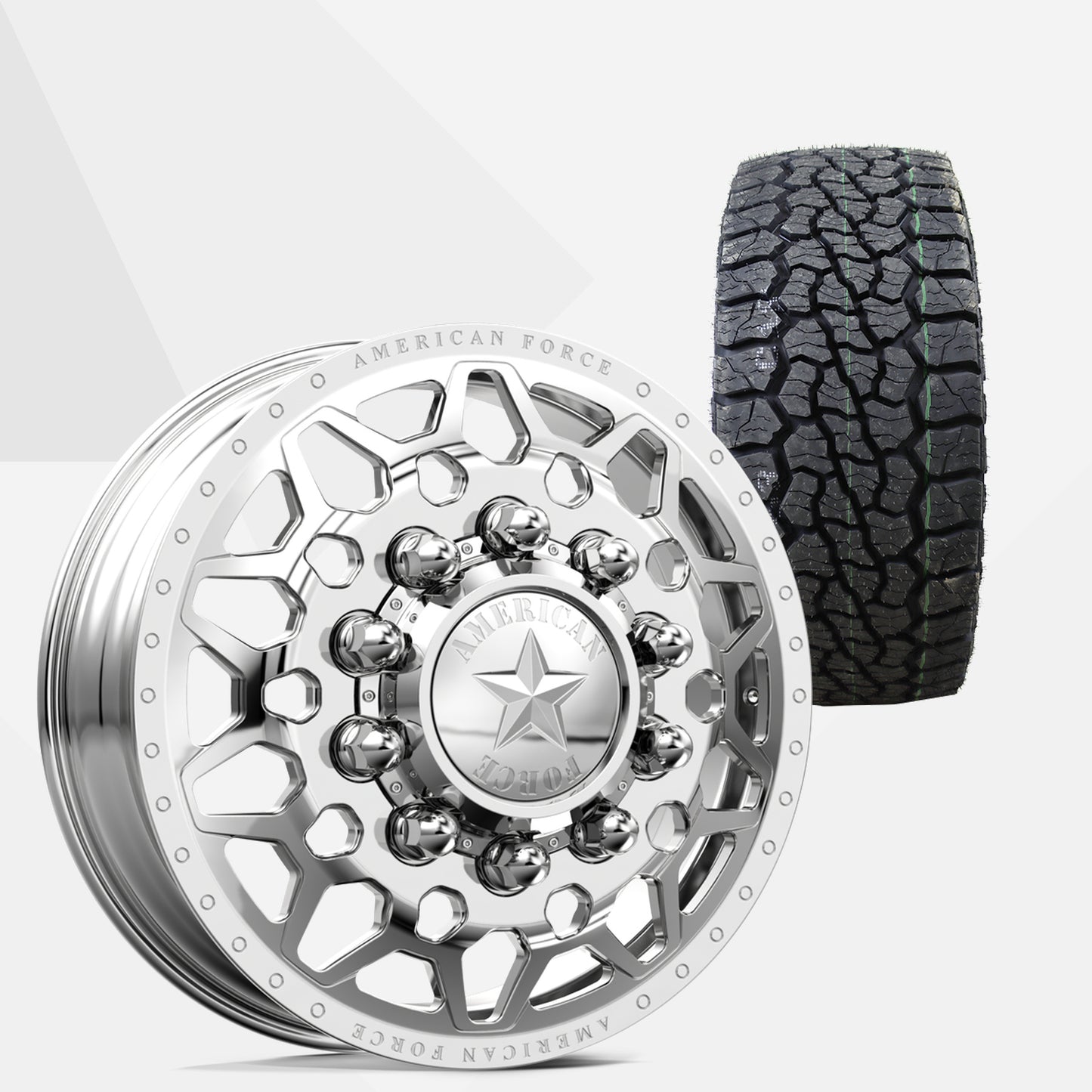 American Force Orion Polished 22x8.25 Wheels & Venom Power Tires Swampthing A/T 33x12.50R22 Tires - 22" Dually Package