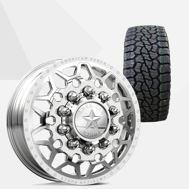 American Force Orion Polished 22x8.25 Wheels & Venom Power Tires Swampthing A/T 33x12.50R22 Tires - 22" Dually Package