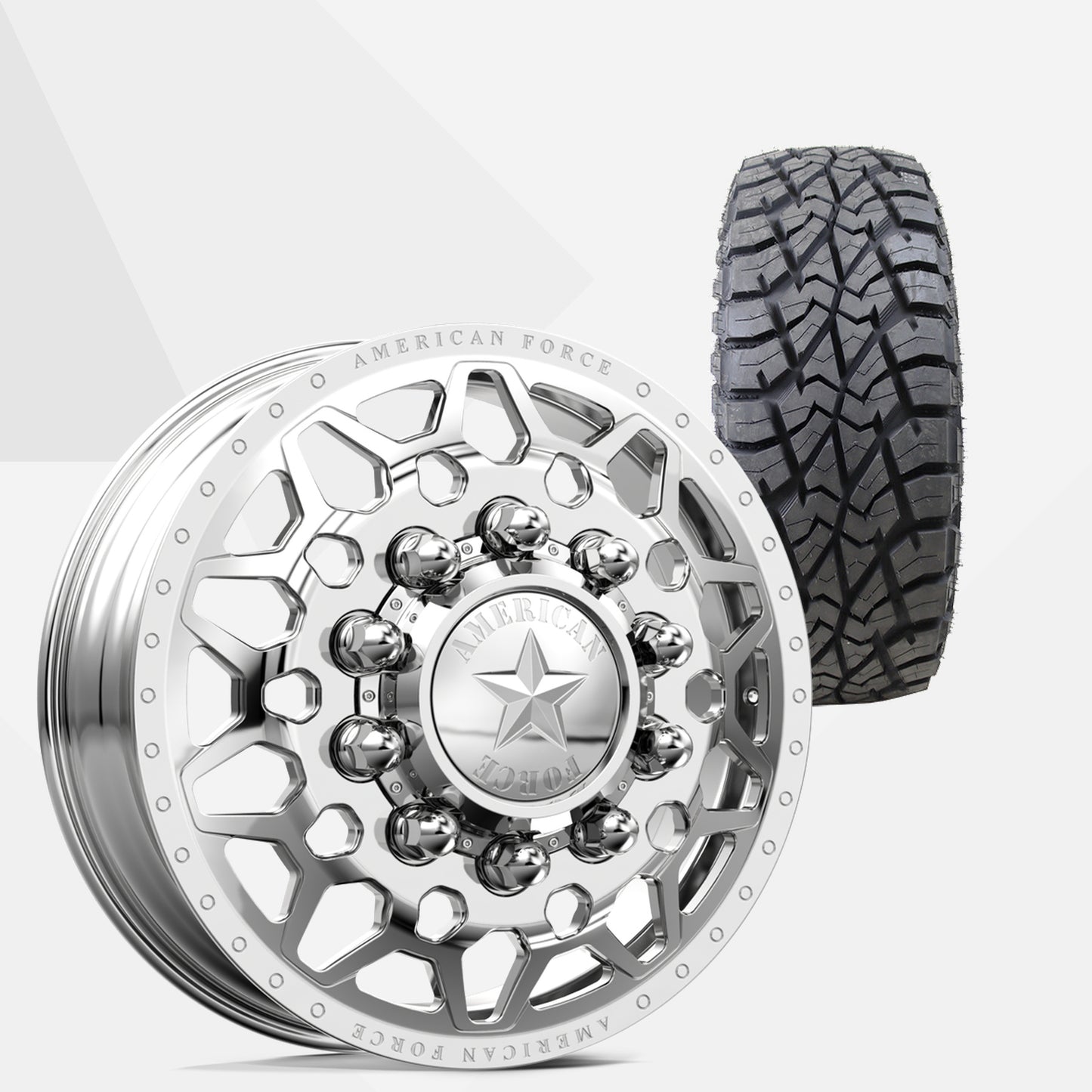 American Force Orion Polished 24x8.25 Wheels & AMP Tires Terrain Attack R/T 35x13.50R24 Tires - 24" Dually Package