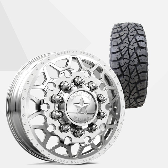 American Force Orion Polished 24x8.25 Wheels & AMP Tires Terrain Attack R/T 35x13.50R24 Tires - 24" Dually Package