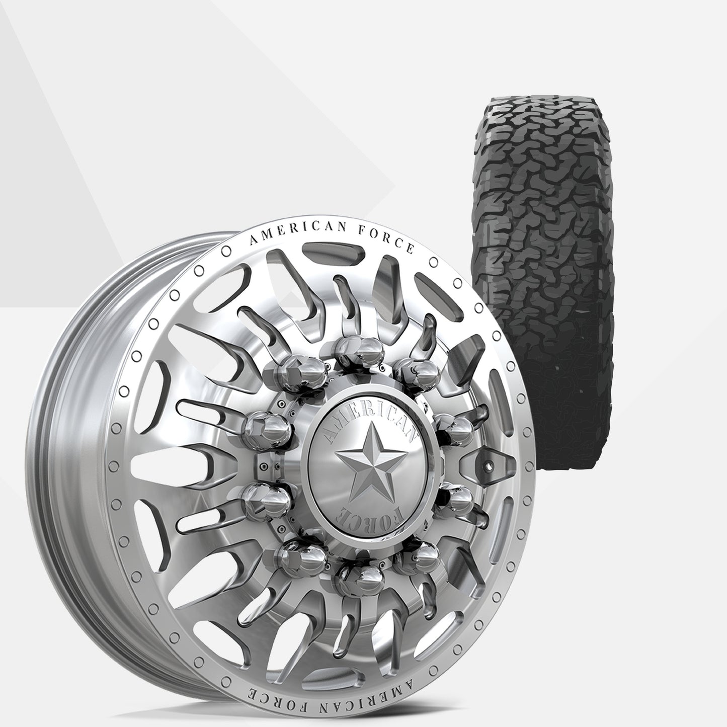 American Force Overhaul Polished 22x8.25 Wheels & BF Goodrich Tires All-Terrain T/A KO3 285/55R22 Tires - 22" Dually Package