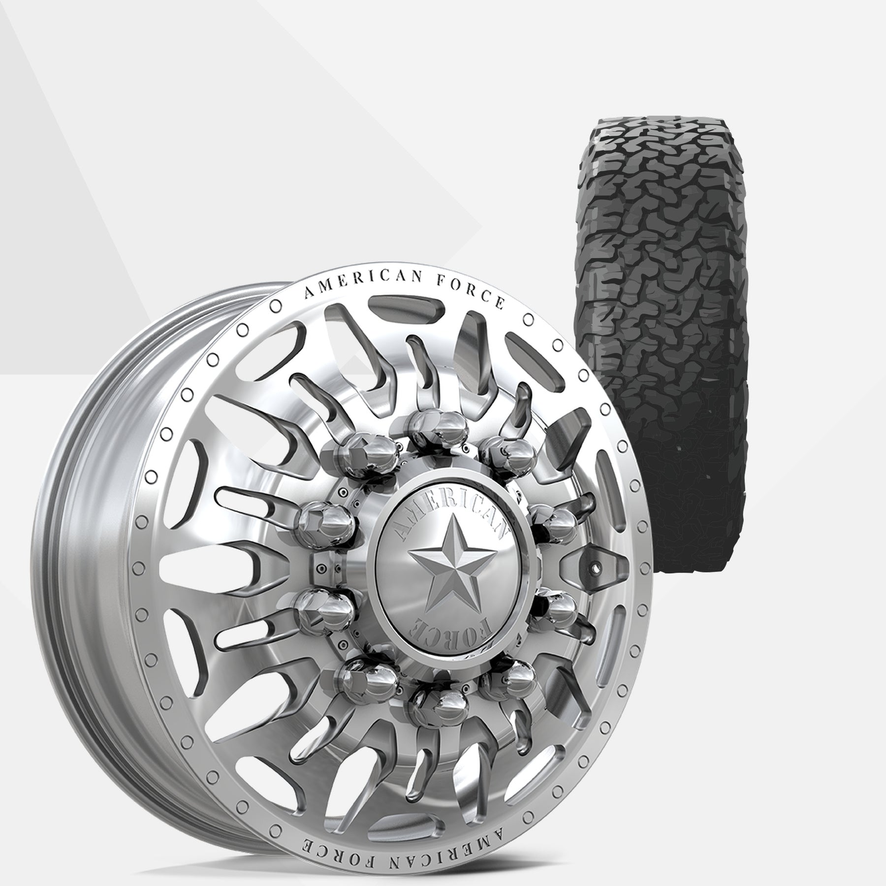 American Force Overhaul Polished 22x8.25 Wheels & BF Goodrich Tires All-Terrain T/A KO3 285/55R22 Tires - 22" Dually Package