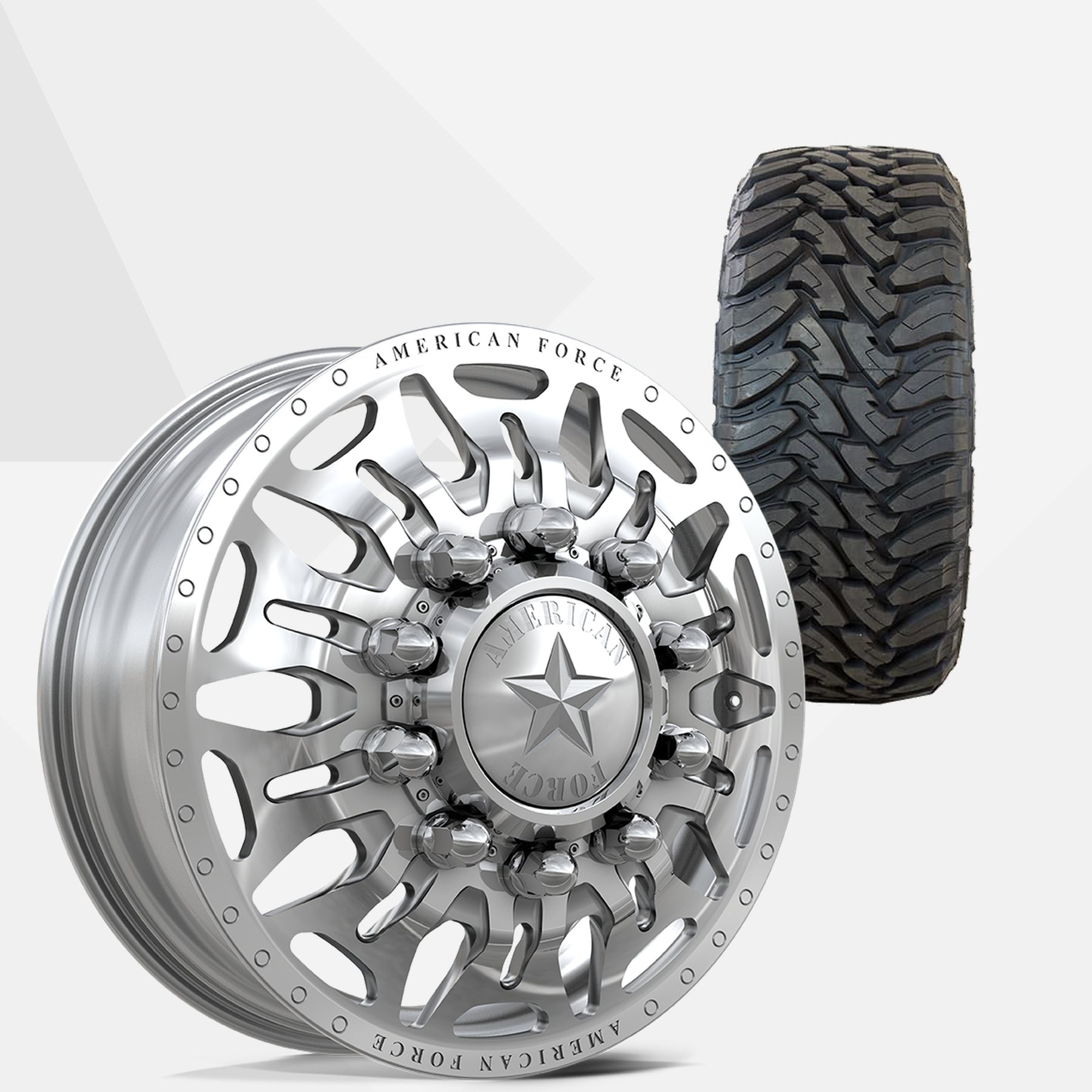 American Force Overhaul Polished 22x8.25 Wheels & Toyo Tires Open Country M/T 35x12.50R22 Tires - 22" Dually Package