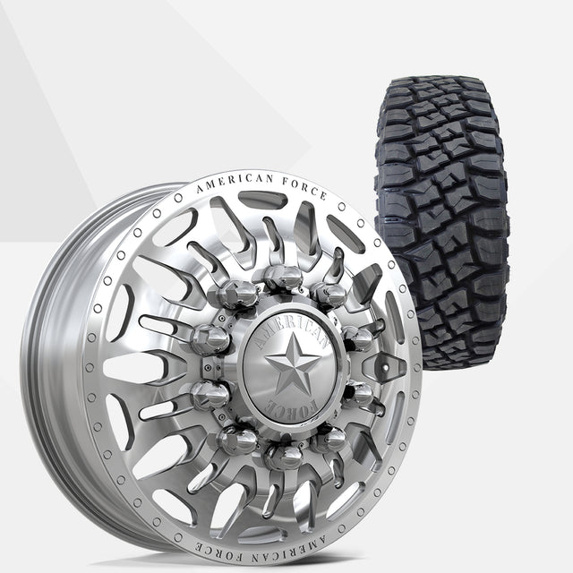 American Force Overhaul Polished 22x8.25 Wheels & Toyo Tires Open Country R/T Pro 35x12.50R22 Tires - 22" Dually Package