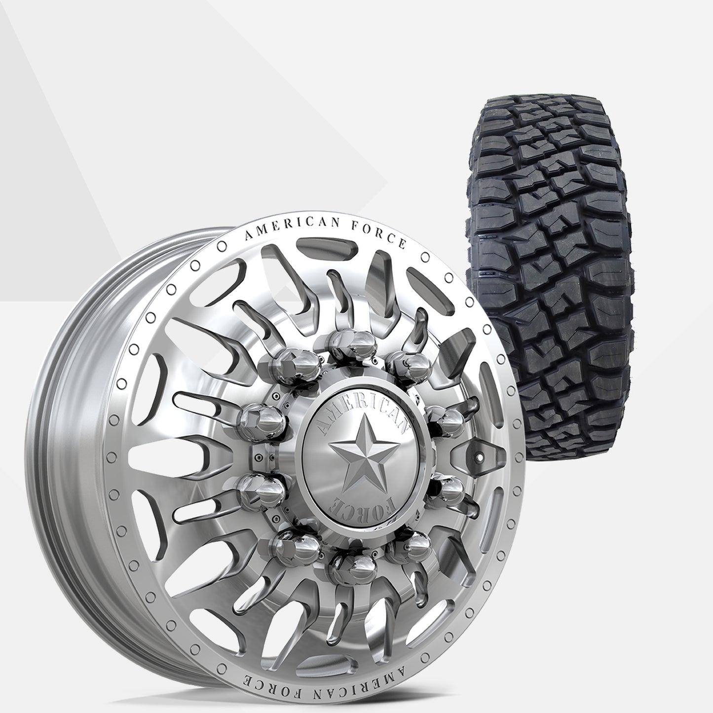 American Force Overhaul Polished 22x8.25 Wheels & Toyo Tires Open Country R/T Pro 35x12.50R22 Tires - 22" Dually Package