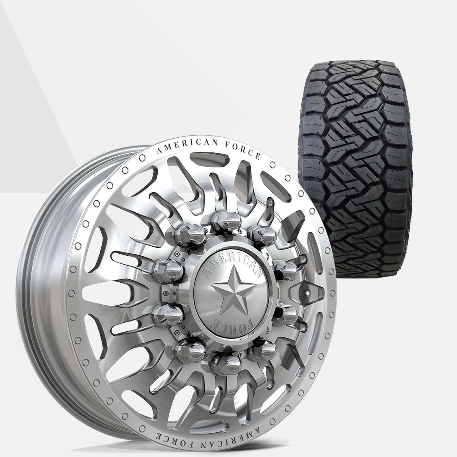 American Force Overhaul Polished 24x8.25 Wheels & Nitto Tires Recon Grappler A/T 315/50R24 Tires - 24" Dually Package