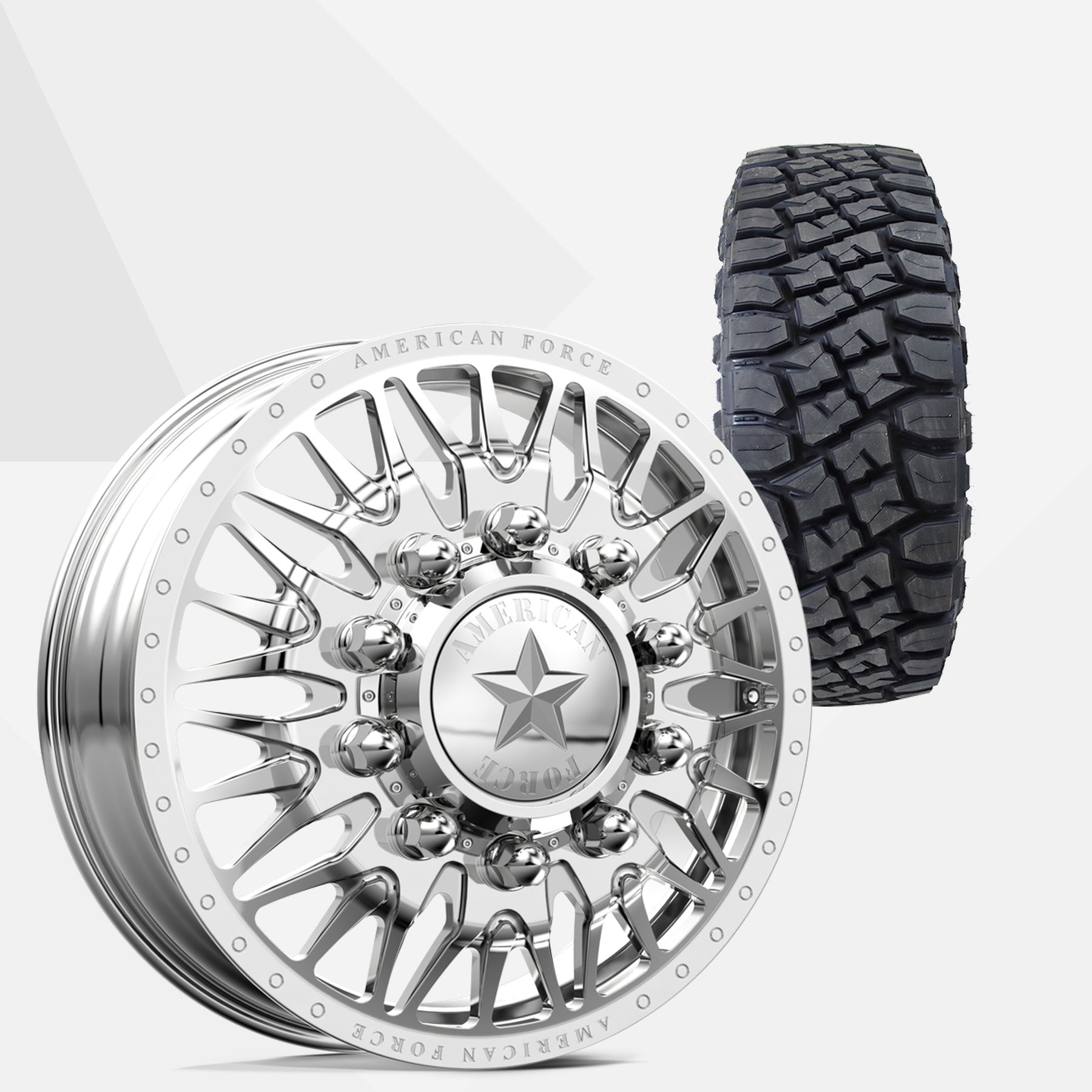 American Force Plague Polished 24x8.25 Wheels & Toyo Tires Open Country RT Pro 315/50R24 Tires - 24" Dually Package