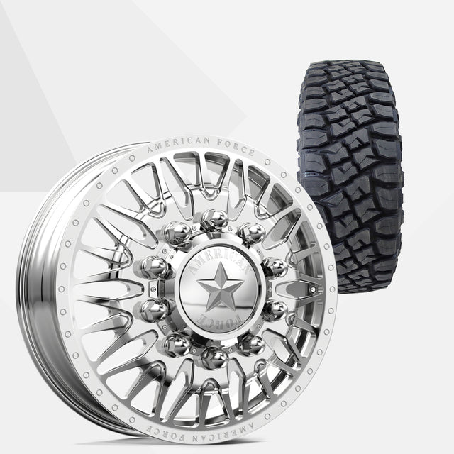 American Force Plague Polished 24x8.25 Wheels & Toyo Tires Open Country RT Pro 315/50R24 Tires - 24" Dually Package