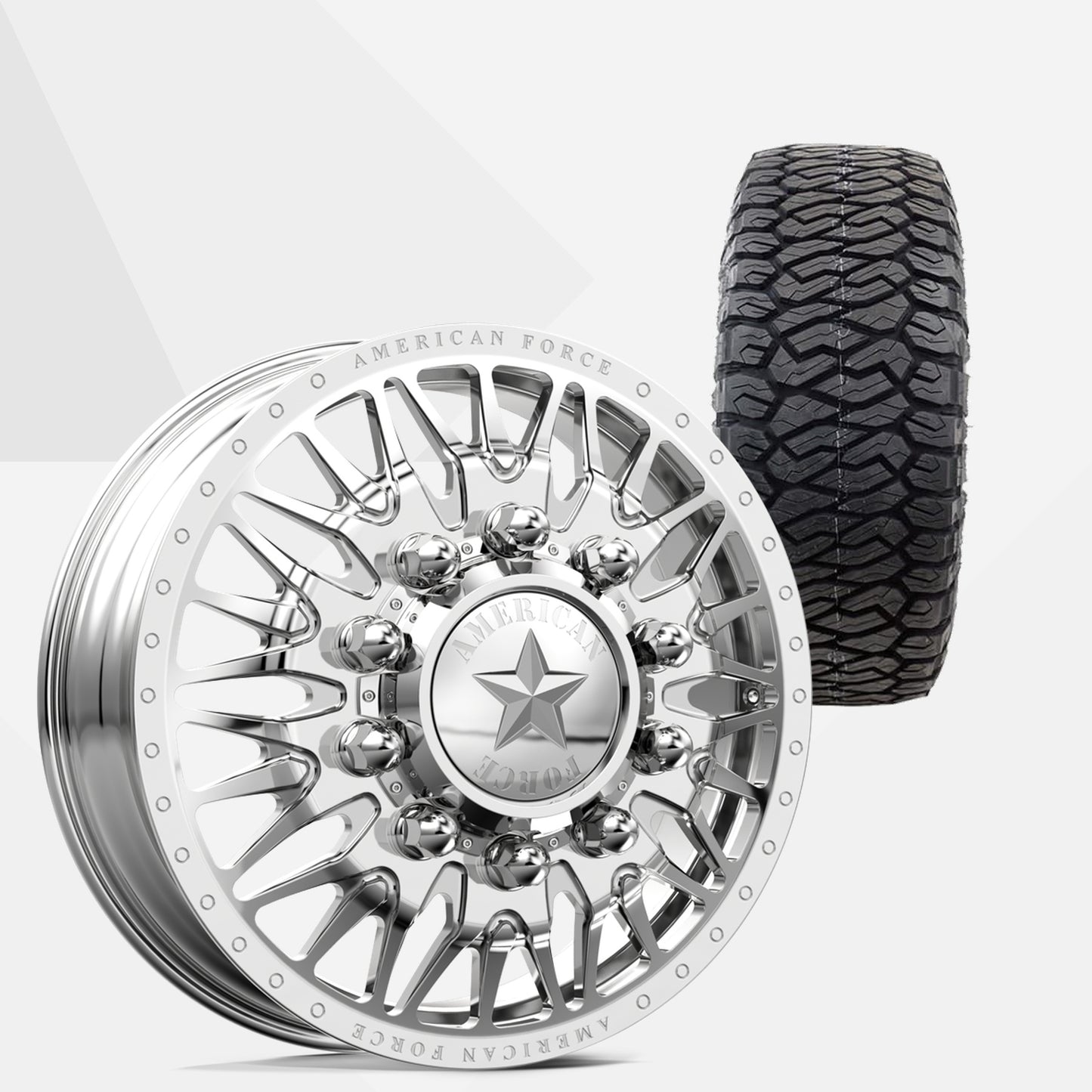 American Force Plague Polished 22x8.25 Wheels & Maxxis Tires Razr A/T 285/55R22 Tires - 22" Dually Package