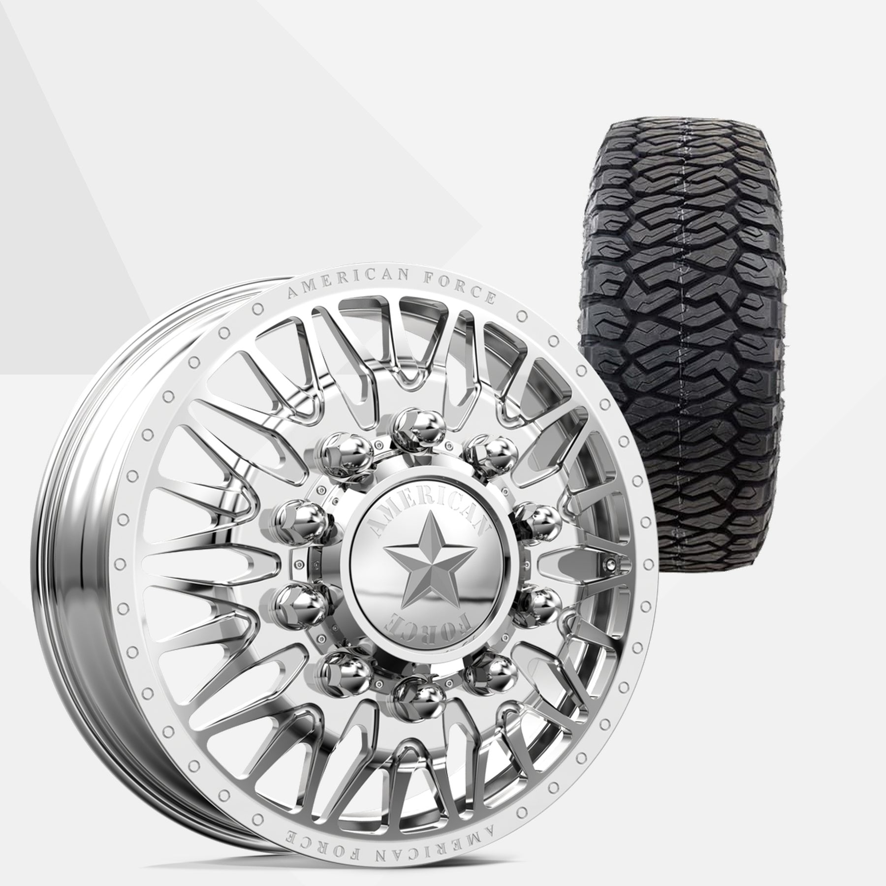 American Force Plague Polished 22x8.25 Wheels & Maxxis Tires Razr A/T 285/55R22 Tires - 22" Dually Package