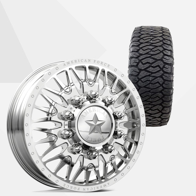 American Force Plague Polished 22x8.25 Wheels & Maxxis Tires Razr A/T 285/55R22 Tires - 22" Dually Package