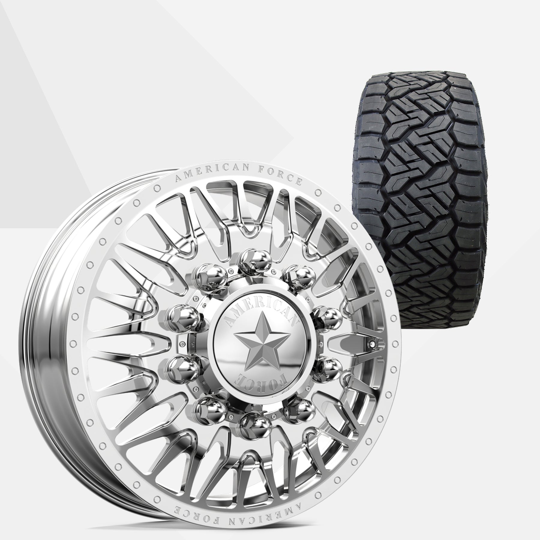 American Force Plague Polished 24x8.25 Wheels & Nitto Tires Recon Grappler A/T 37x13.50R24 Tires - 24" Dually Package