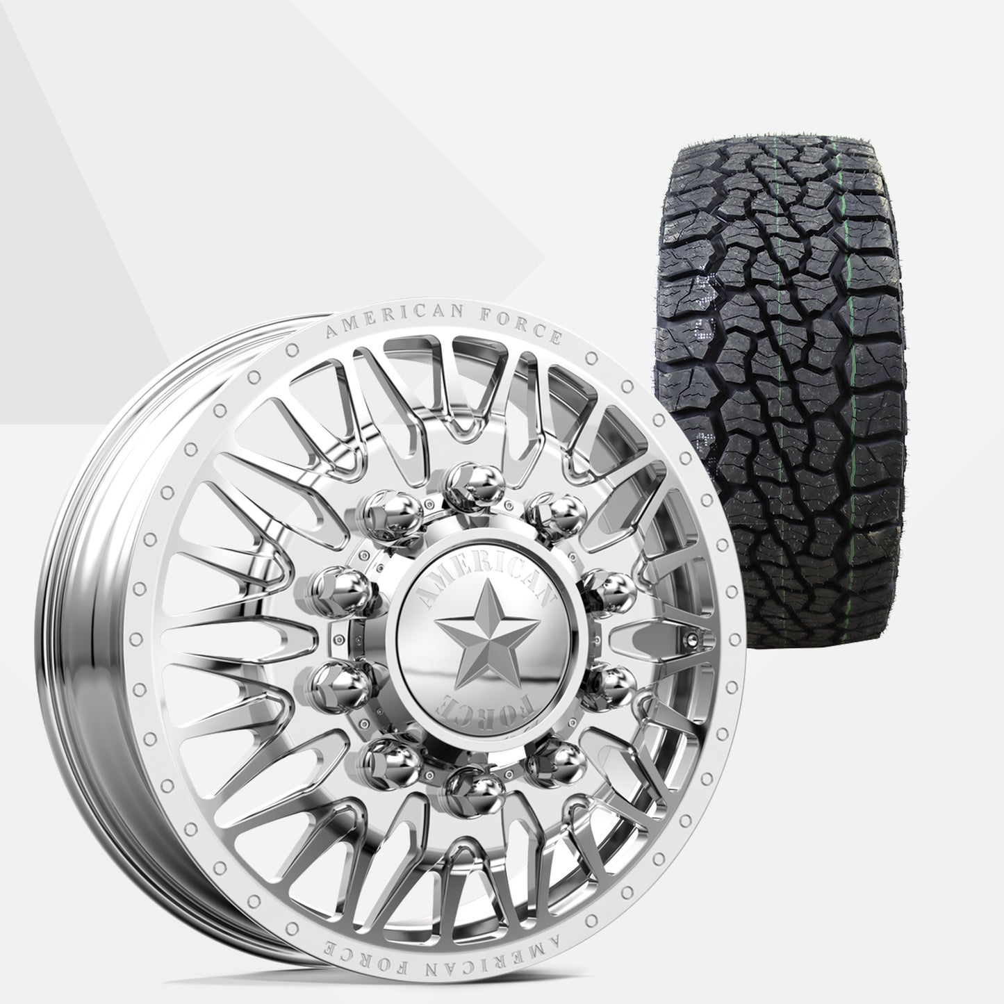 American Force Plague Polished 22x8.25 Wheels & Venom Power Tires Swampthing A/T 33x12.50R22 Tires - 22" Dually Package
