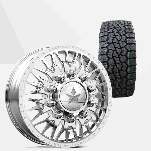 American Force Plague Polished 22x8.25 Wheels & Venom Power Tires Swampthing A/T 33x12.50R22 Tires - 22" Dually Package