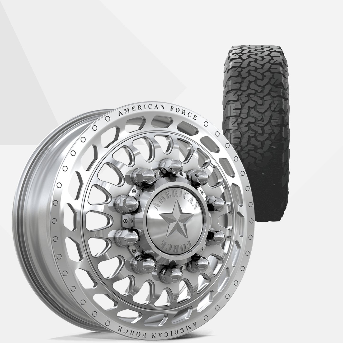 American Force Plex Polished 22x8.25 Wheels & BF Goodrich Tires All-Terrain T/A KO3 285/55R22 Tires - 22" Dually Package