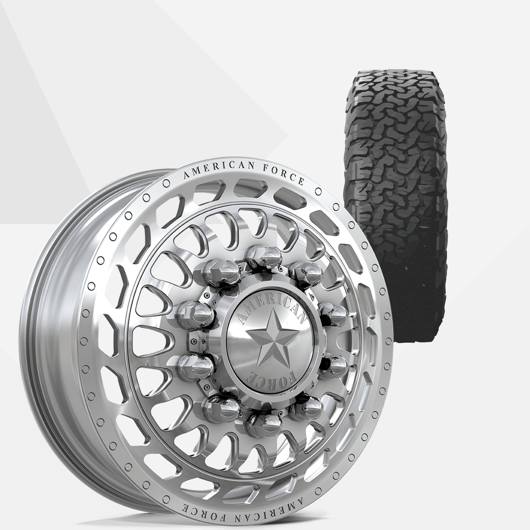 American Force Plex Polished 22x8.25 Wheels & BF Goodrich Tires All-Terrain T/A KO3 285/55R22 Tires - 22" Dually Package