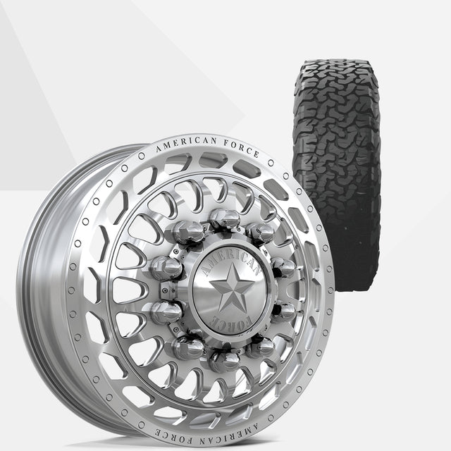 American Force Plex Polished 22x8.25 Wheels & BF Goodrich Tires All-Terrain T/A KO3 285/55R22 Tires - 22" Dually Package