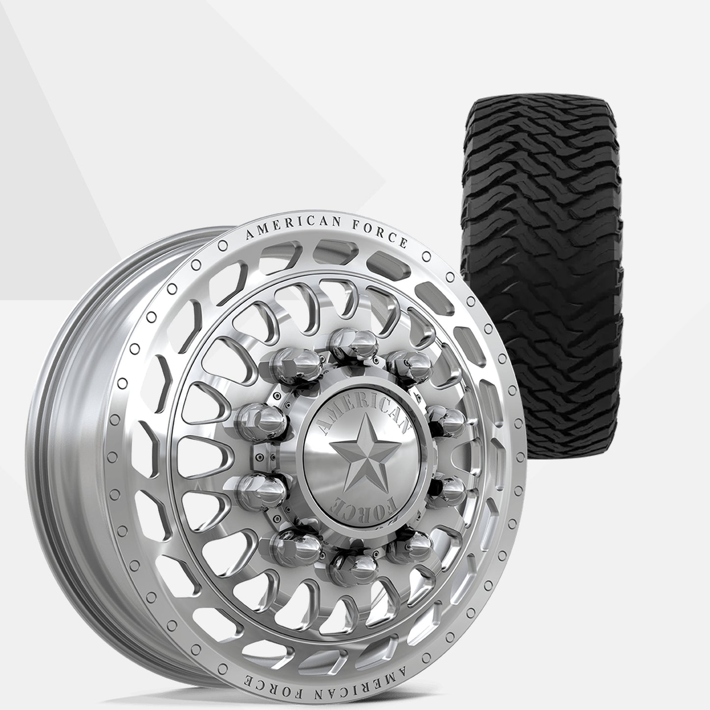 American Force Plex Polished 22x8.25 Wheels & Ironman Tires All Country M/T-X 37x13.50R22 Tires - 22" Dually Package