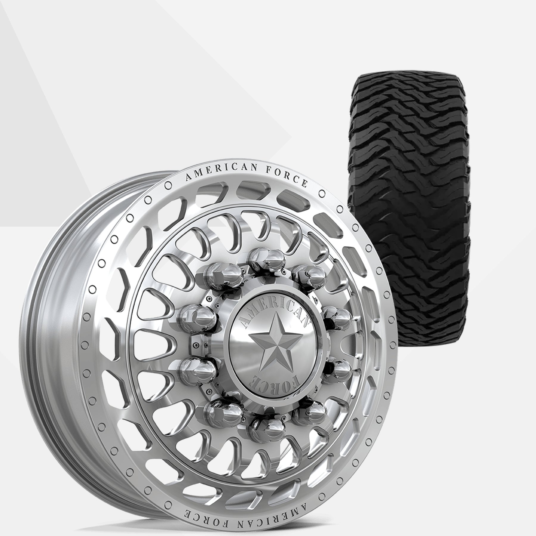 American Force Plex Polished 22x8.25 Wheels & Ironman Tires All Country M/T-X 37x13.50R22 Tires - 22" Dually Package