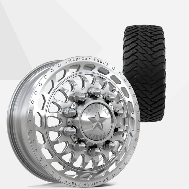 American Force Plex Polished 22x8.25 Wheels & Ironman Tires All Country M/T-X 37x13.50R22 Tires - 22" Dually Package