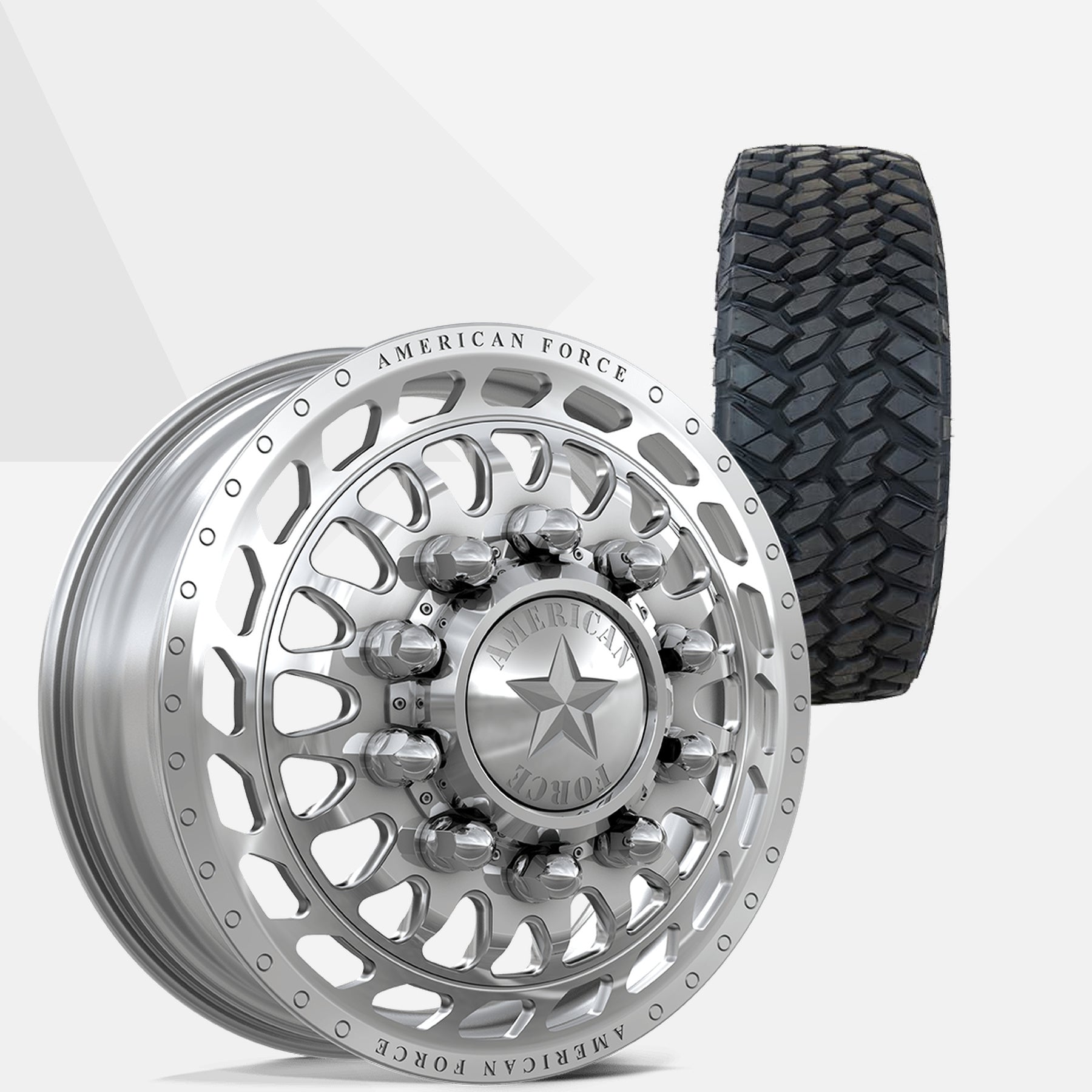 American Force Plex Polished 24x8.25 Wheels & Nitto Tires Trail Grappler M/T 38x13.50R24 Tires - 24" Dually Package