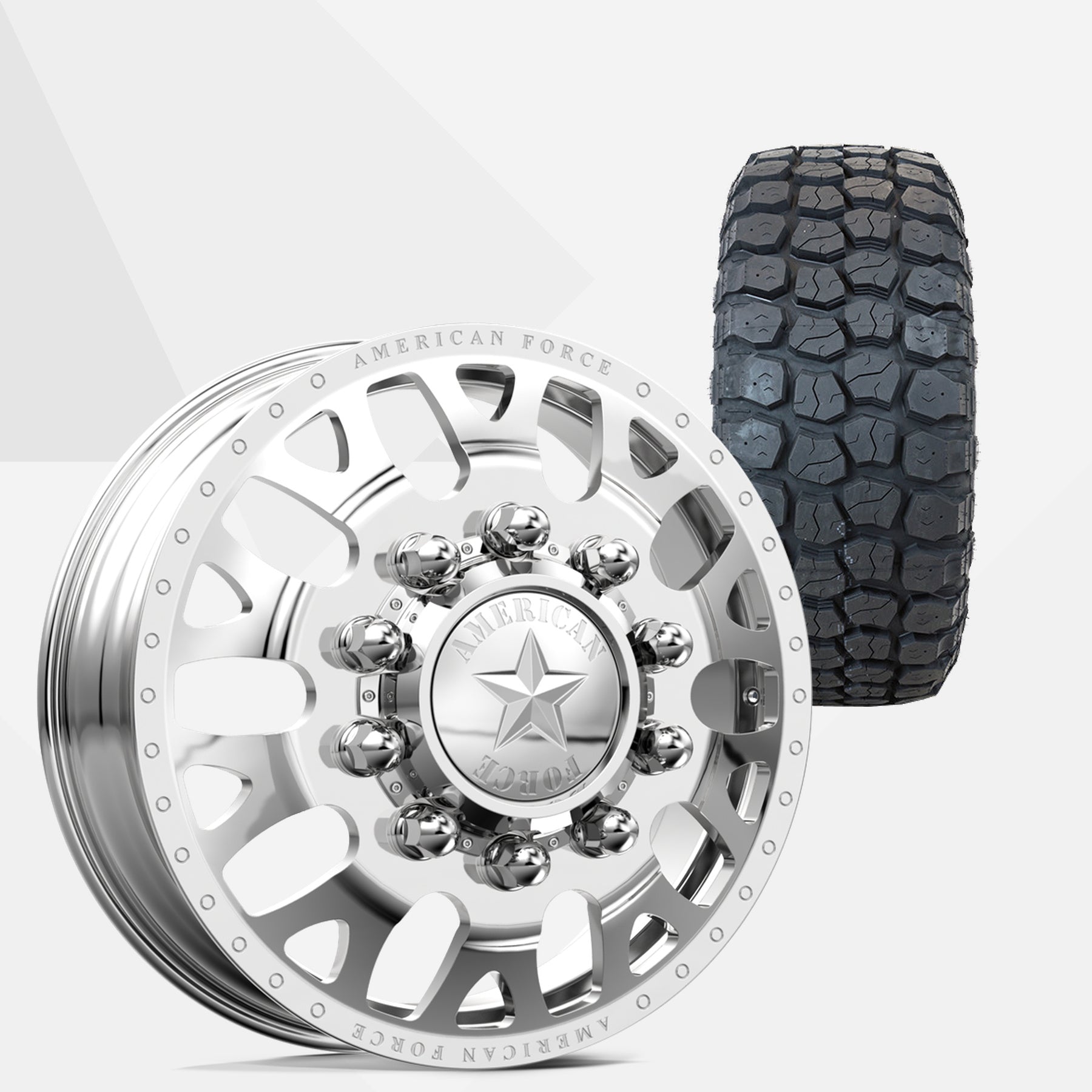 American Force Pulse Polished 22x8.25 Wheels & Ironman Tires All Country M/T 35x12.50R22 Tires - 22" Dually Package
