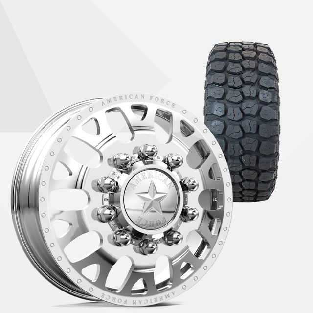 American Force Pulse Polished 22x8.25 Wheels & Ironman Tires All Country M/T 35x12.50R22 Tires - 22" Dually Package
