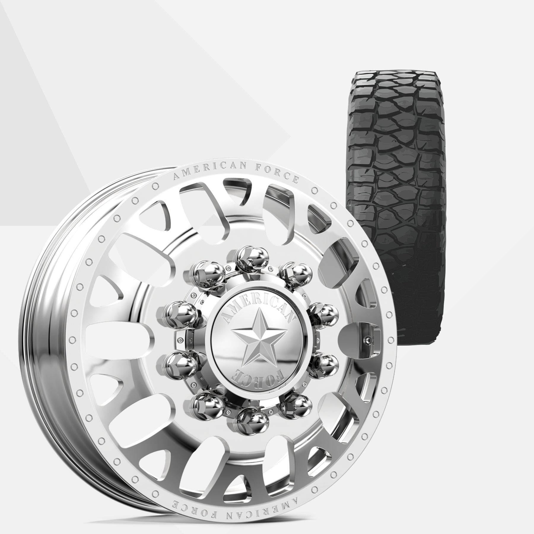 American Force Pulse Polished 22x8.25 Wheels & BF Goodrich Tires HD-Terrain T/A KT 37x13.50R22 Tires - 22" Dually Package