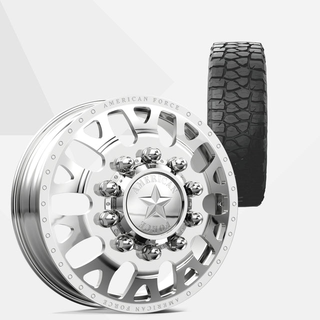 American Force Pulse Polished 22x8.25 Wheels & BF Goodrich Tires HD-Terrain T/A KT 37x13.50R22 Tires - 22" Dually Package