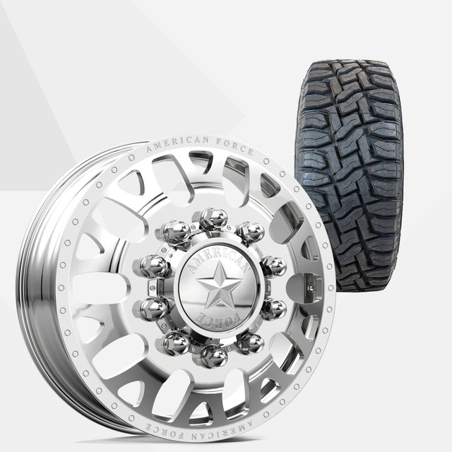 American Force Pulse Polished 22x8.25 Wheels & Toyo Tires Open Country R/T 37x12.50R22 Tires - 22" Dually Package