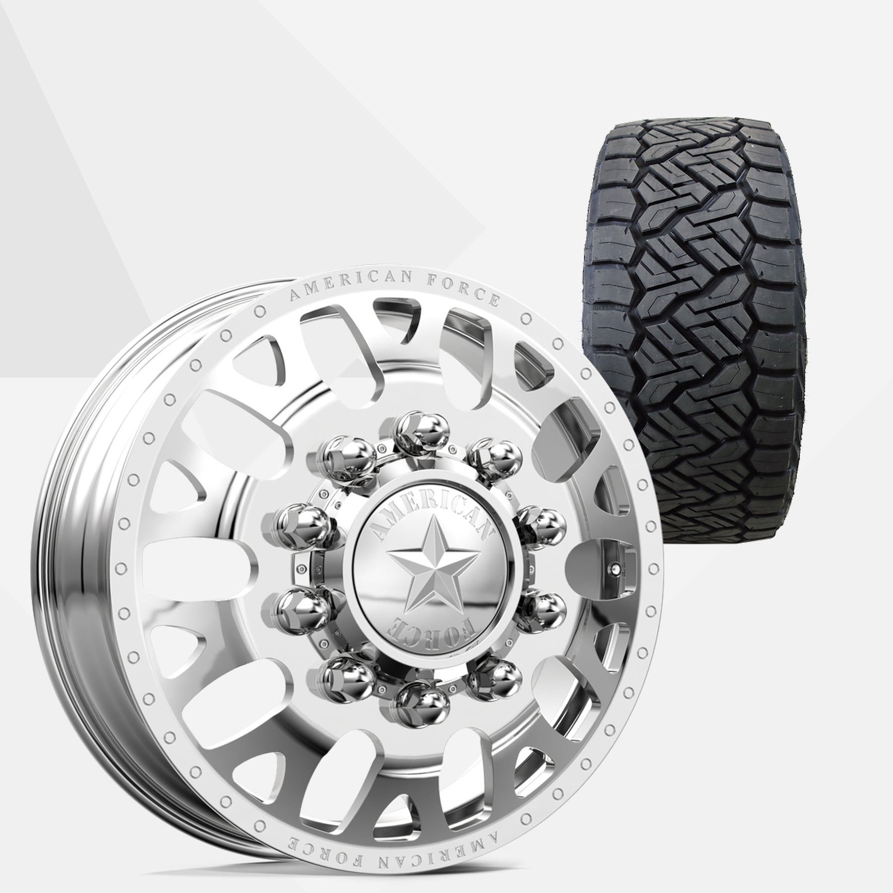 American Force Pulse Polished 24x8.25 Wheels & Nitto Tires Recon Grappler A/T 295/45R24 Tires - 24" Dually Package