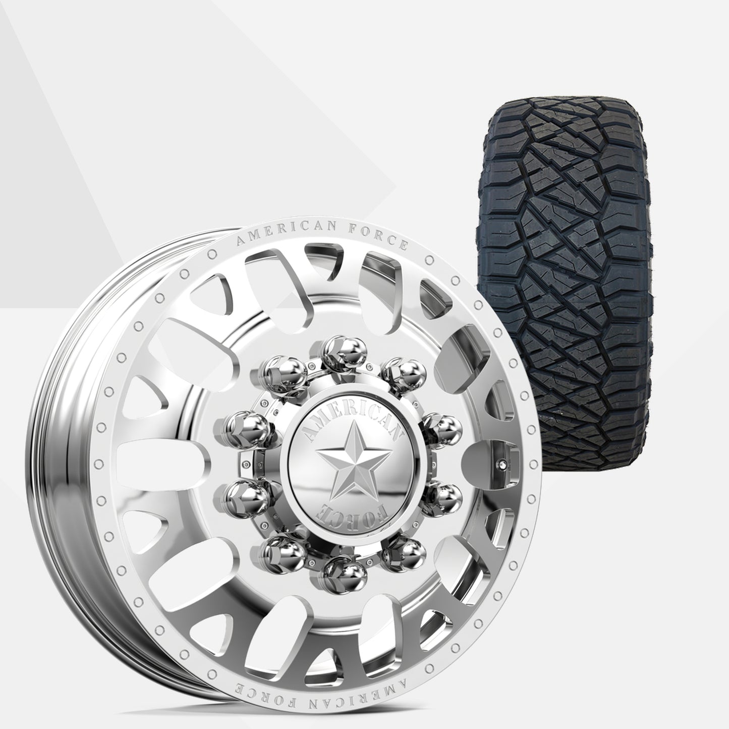 American Force Pulse Polished 24x8.25 Wheels & Nitto Tires Ridge Grappler 38x13.50R24 Tires - 24" Dually Package