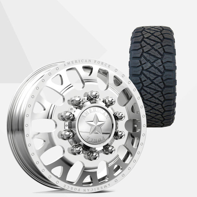 American Force Pulse Polished 24x8.25 Wheels & Nitto Tires Ridge Grappler 38x13.50R24 Tires - 24" Dually Package