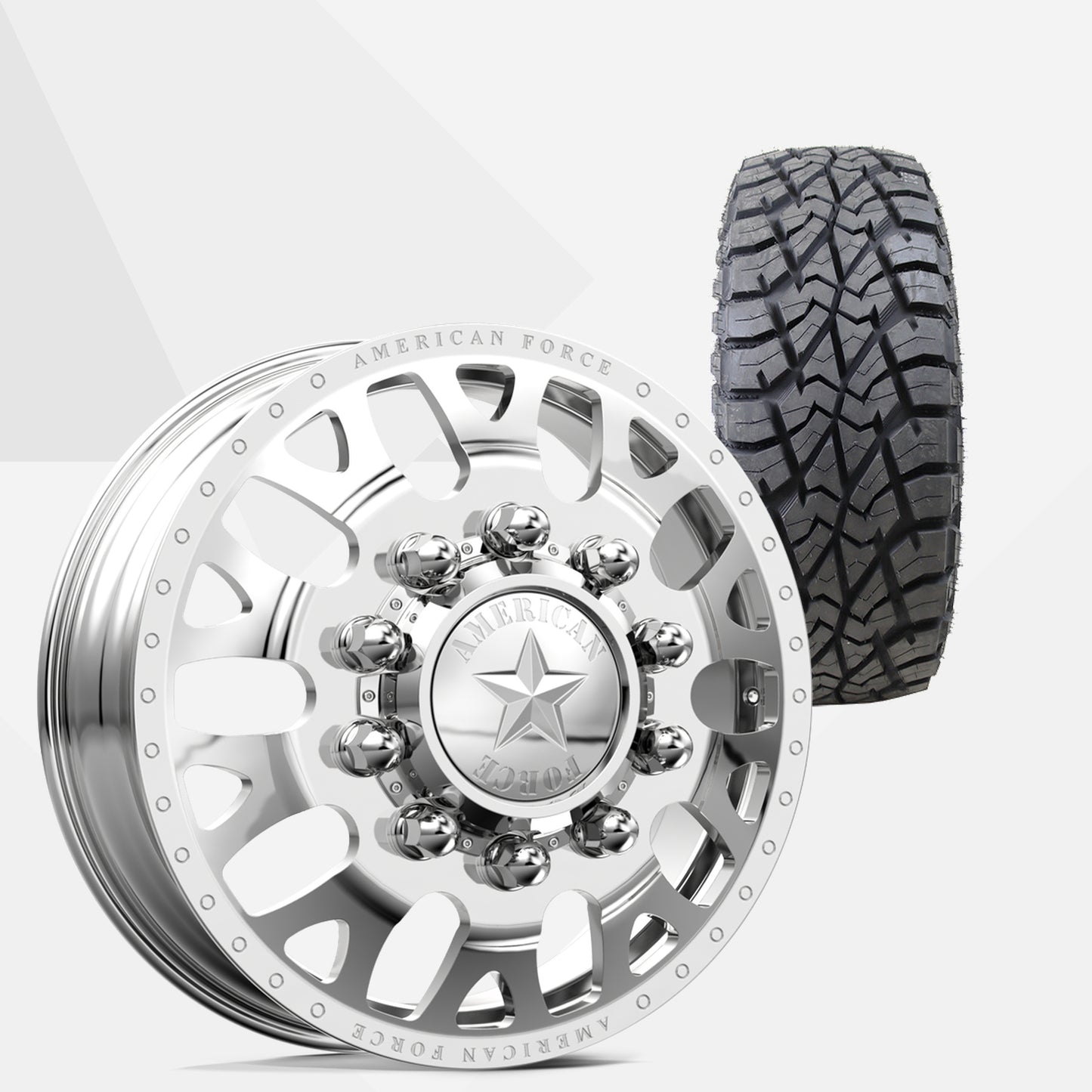 American Force Pulse Polished 24x8.25 Wheels & AMP Tires Terrain Attack R/T 35x13.50R24 Tires - 24" Dually Package