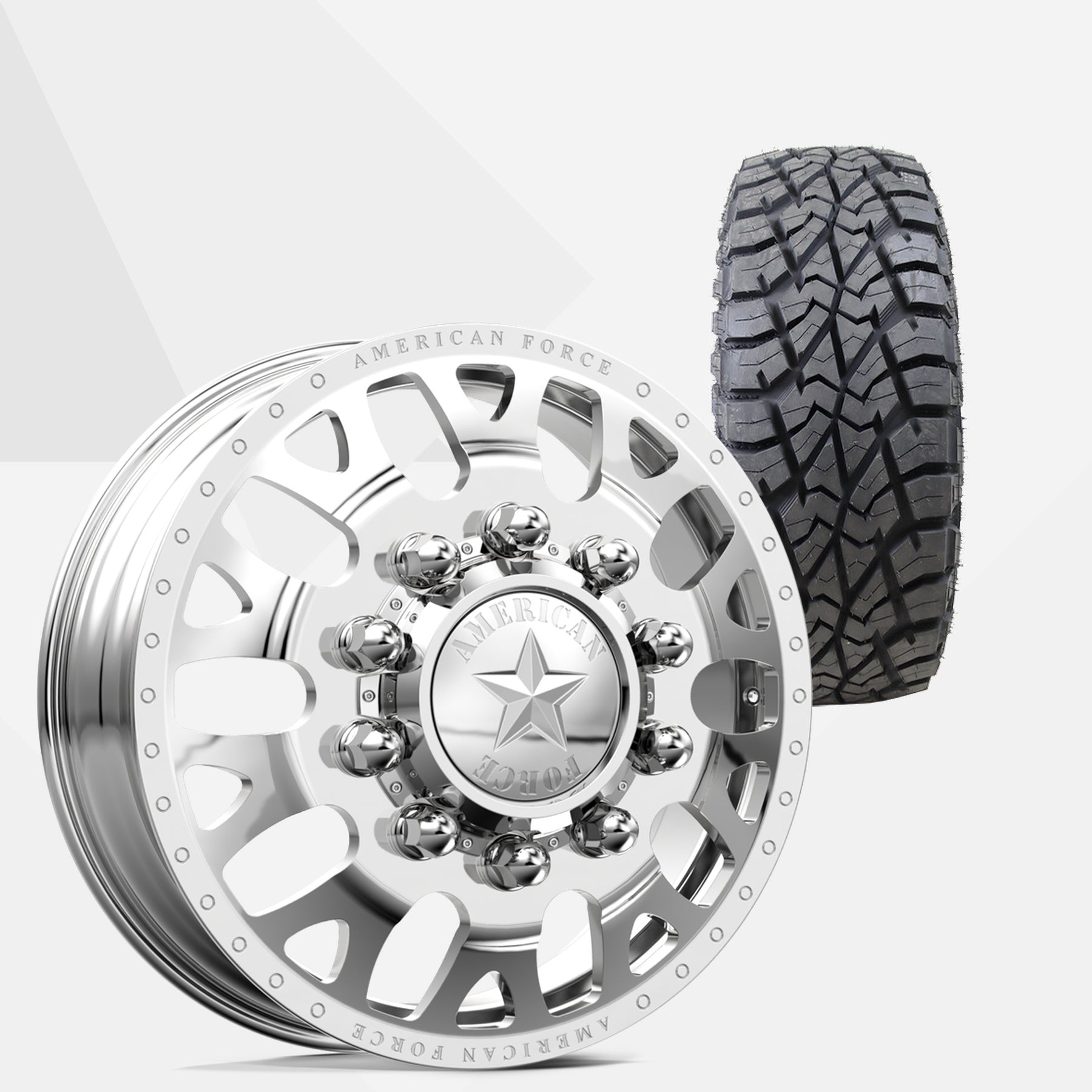 American Force Pulse Polished 24x8.25 Wheels & AMP Tires Terrain Attack R/T 35x13.50R24 Tires - 24" Dually Package