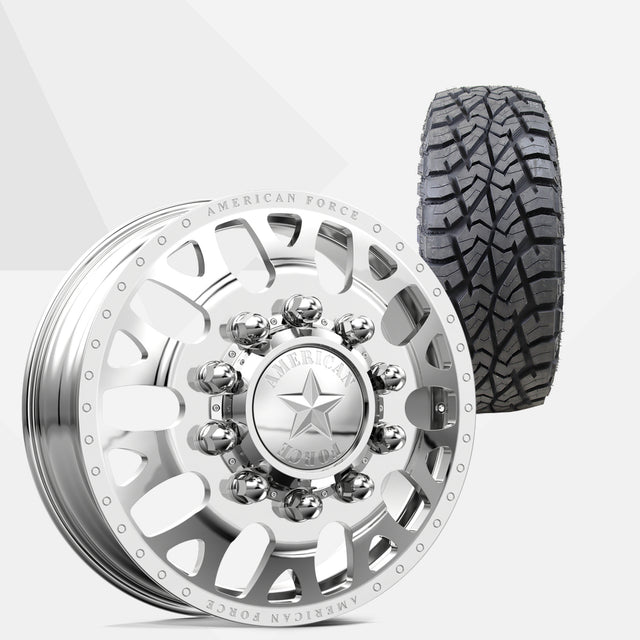 American Force Pulse Polished 24x8.25 Wheels & AMP Tires Terrain Attack R/T 35x13.50R24 Tires - 24" Dually Package