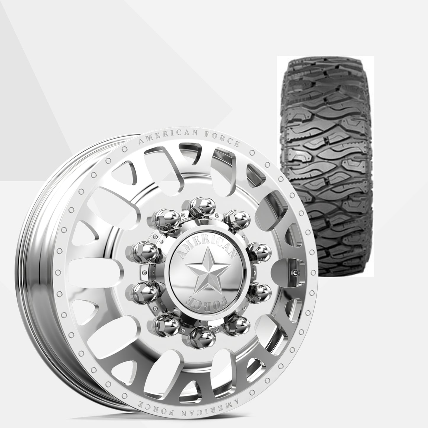 American Force Pulse Polished 24x8.25 Wheels & Atturo Tires Trail Blade Boss M/T 38x13.50R24 Tires - 24" Dually Package
