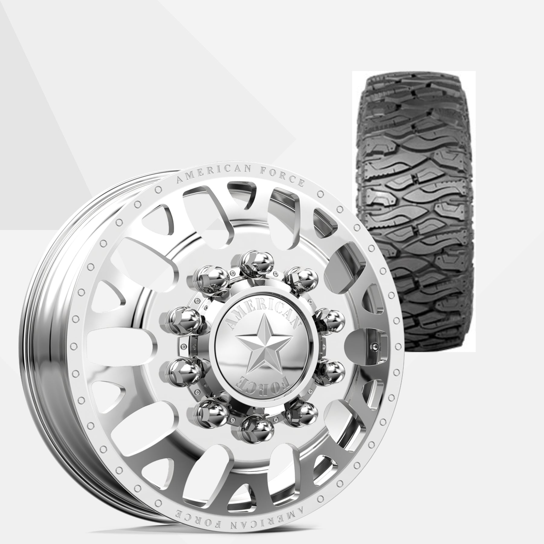 American Force Pulse Polished 24x8.25 Wheels & Atturo Tires Trail Blade Boss M/T 38x13.50R24 Tires - 24" Dually Package