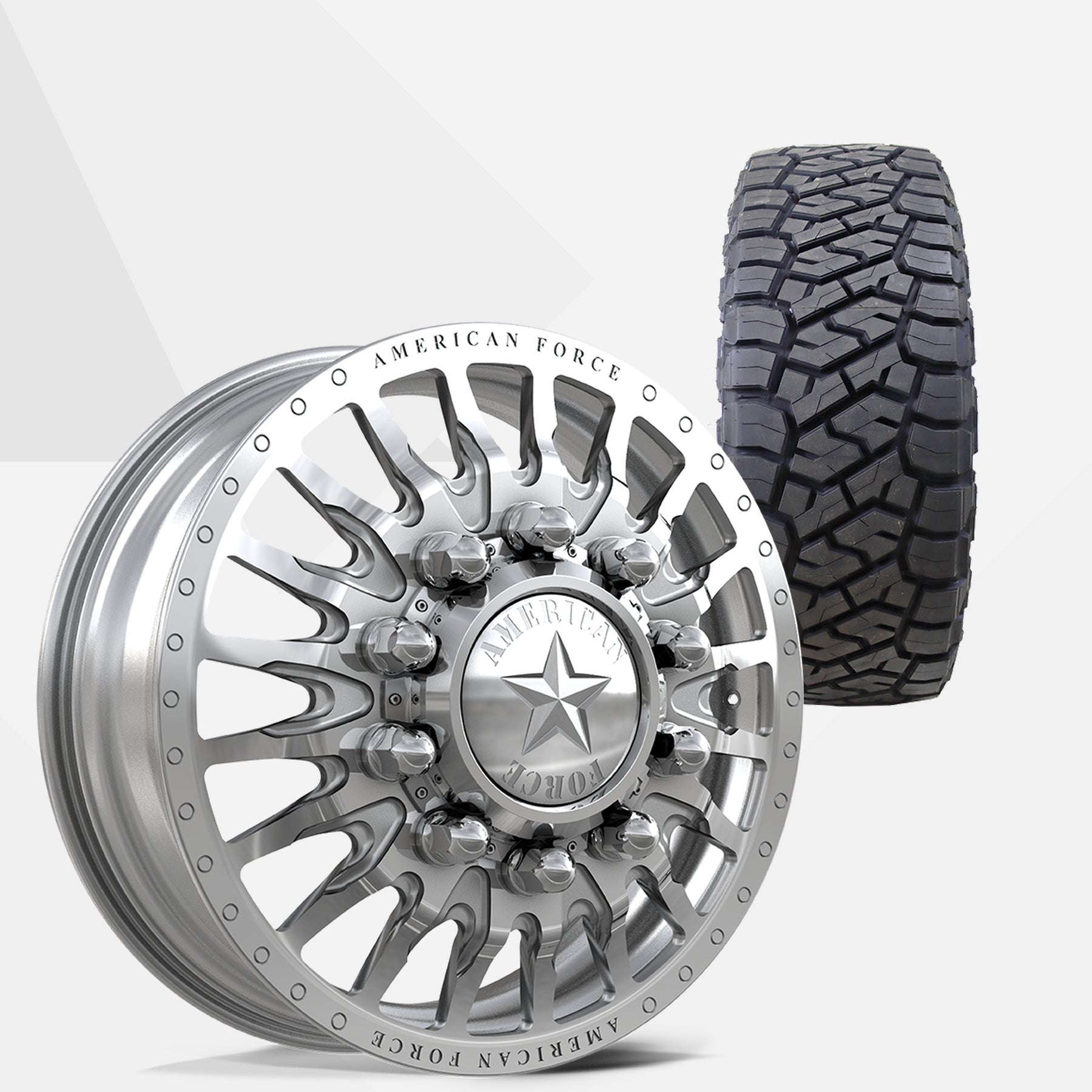American Force Reactor Polished 22x8.25 Wheels & Toyo Tires Open Country R/T Trail 35x12.50R22 Tires - 22" Dually Package