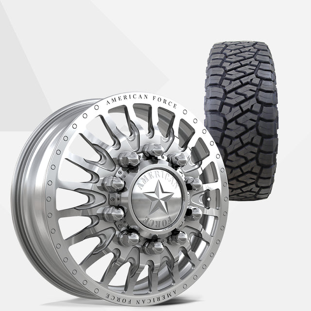 American Force Reactor Polished 22x8.25 Wheels & Toyo Tires Open Country R/T Trail 35x12.50R22 Tires - 22" Dually Package