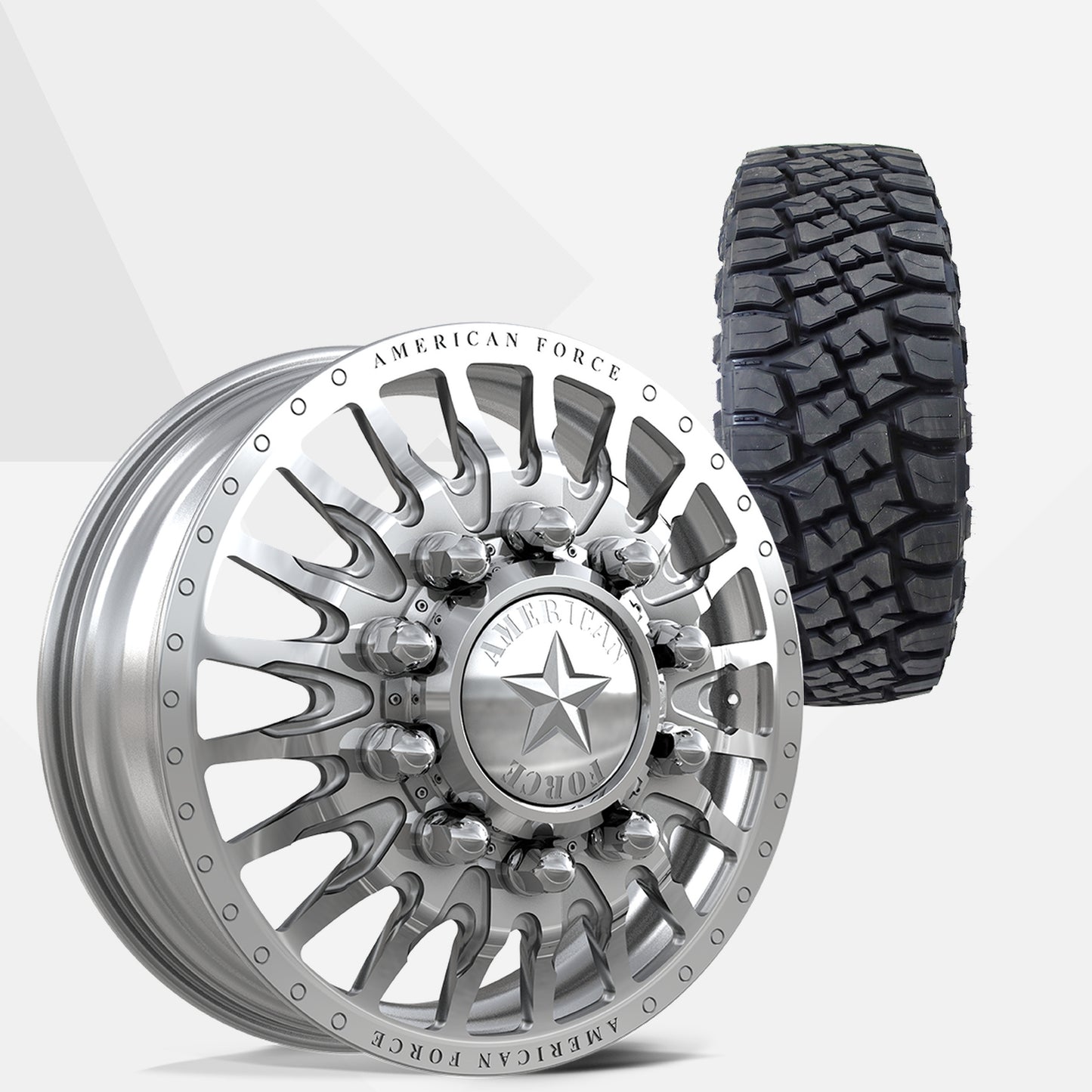 American Force Reactor Polished 22x8.25 Wheels & Toyo Tires Open Country RT Pro 285/55R22 Tires - 22" Dually Package