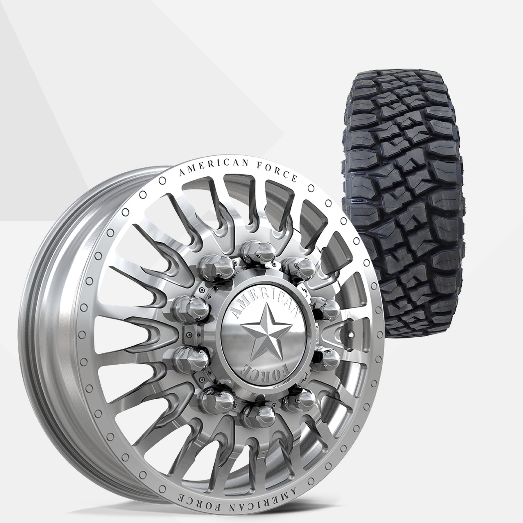 American Force Reactor Polished 22x8.25 Wheels & Toyo Tires Open Country RT Pro 285/55R22 Tires - 22" Dually Package