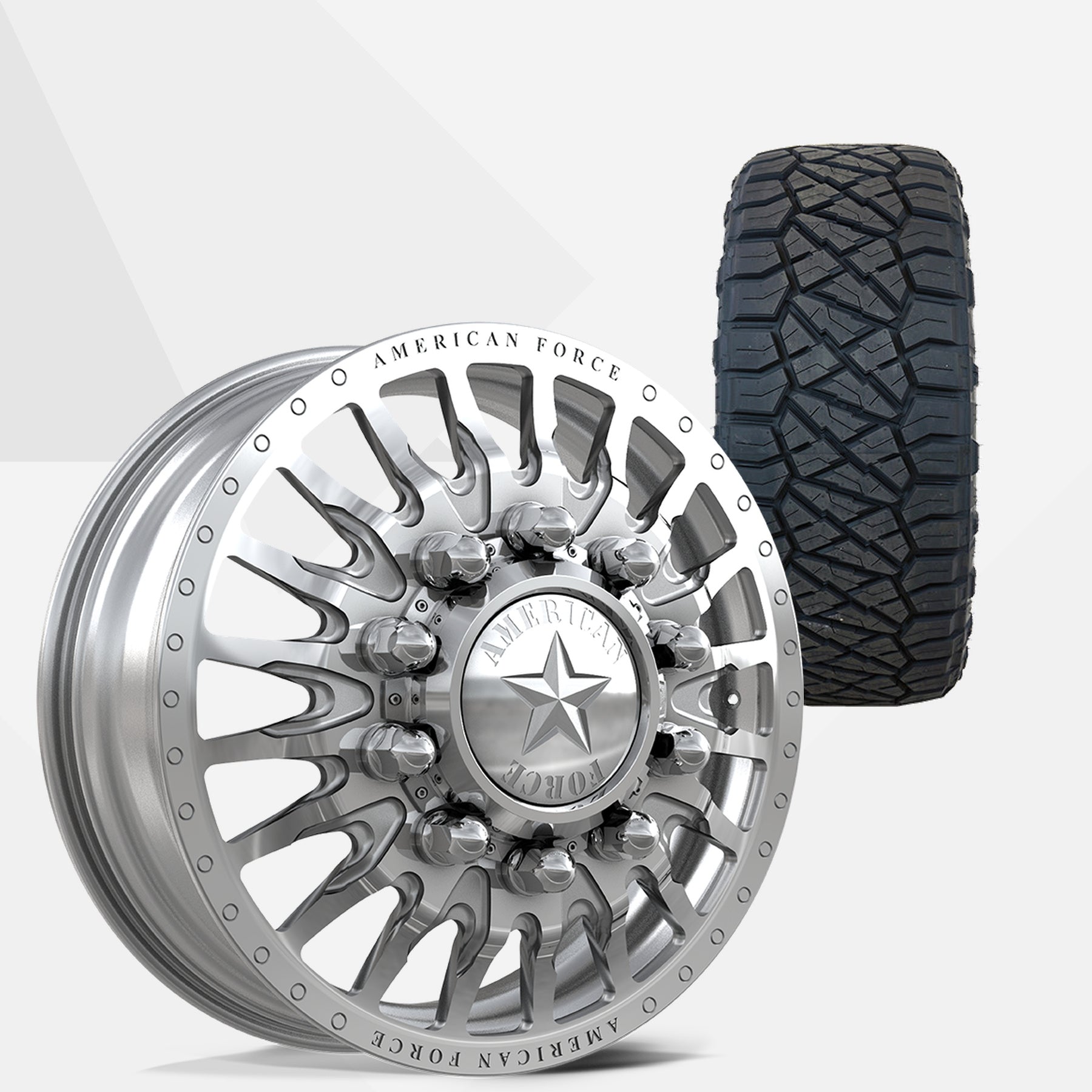 American Force Reactor Polished 22x8.25 Wheels & Nitto Tires Ridge Grappler 295/55R22 Tires - 22" Dually Package