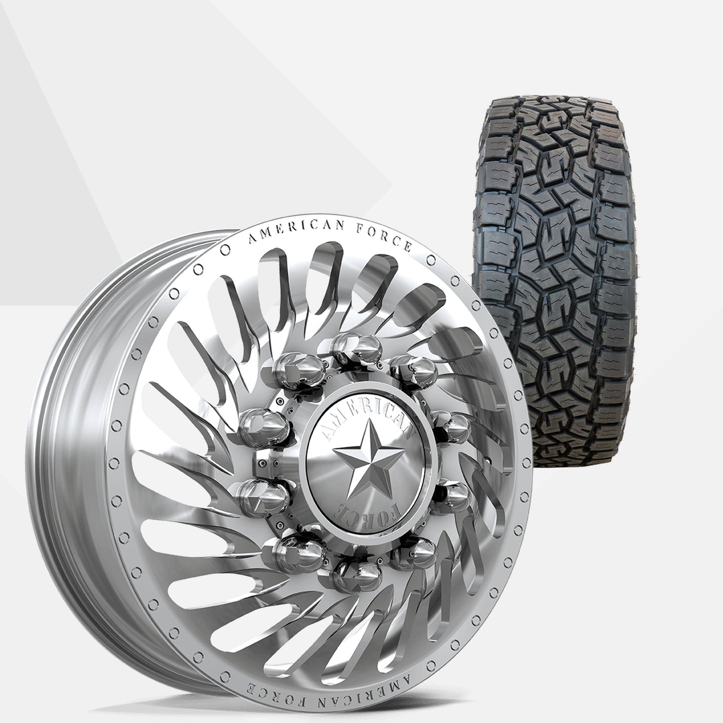 American Force Riptide Polished 22x8.25 Wheels & Toyo Tires Open Country A/T III 33x12.50R22 Tires - 22" Dually Package