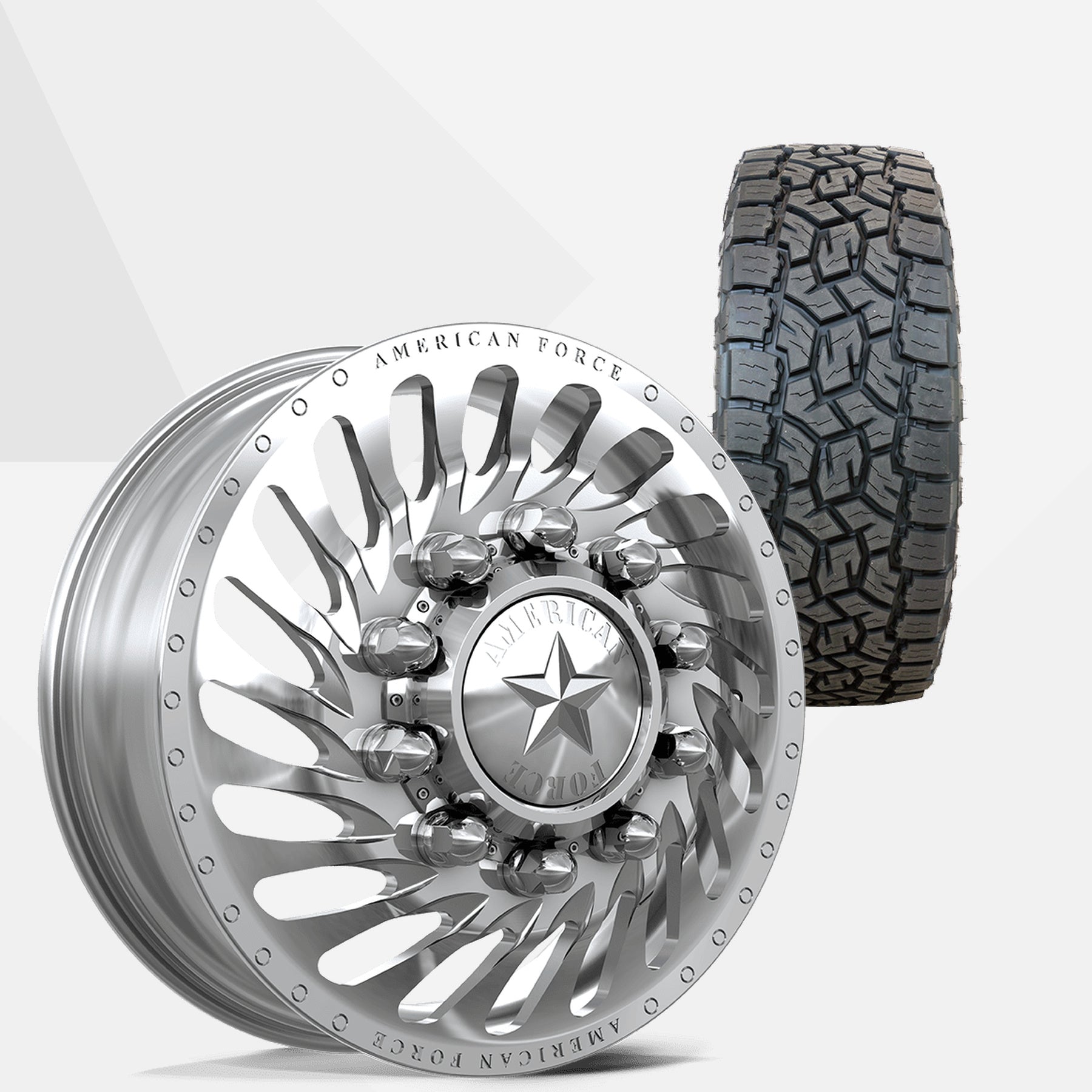 American Force Riptide Polished 22x8.25 Wheels & Toyo Tires Open Country A/T III 33x12.50R22 Tires - 22" Dually Package