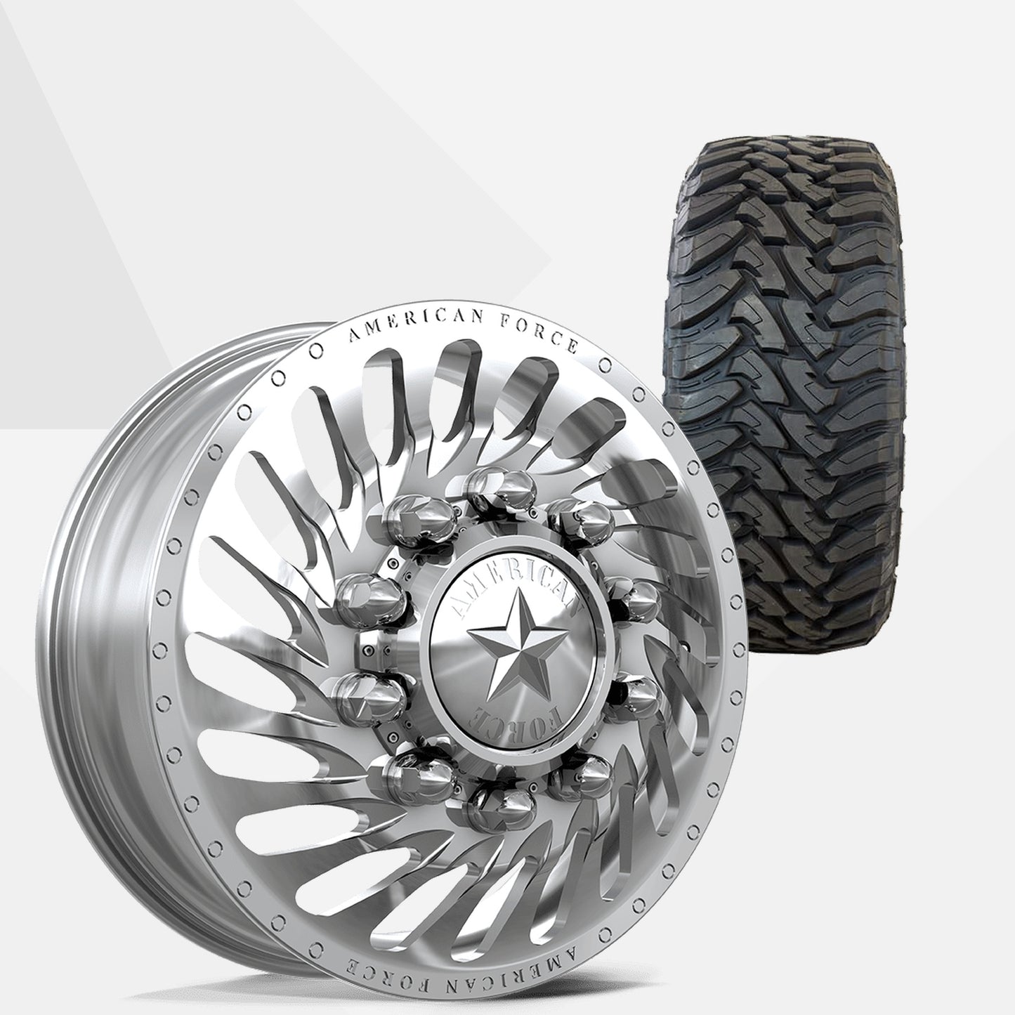 American Force Riptide Polished 24x8.25 Wheels & Toyo Tires Open Country M/T 37x13.50R24 Tires - 24" Dually Package