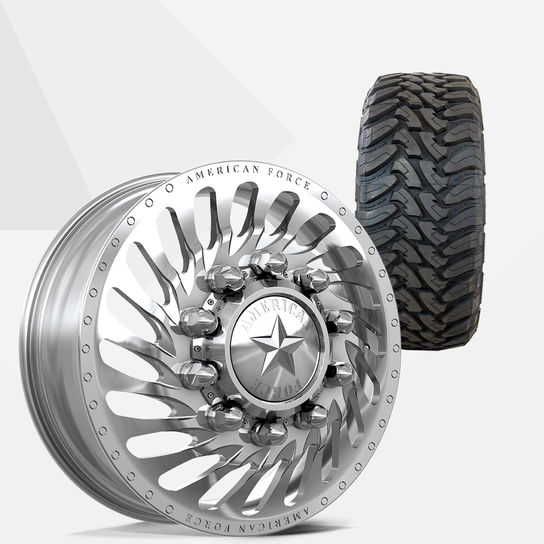 American Force Riptide Polished 24x8.25 Wheels & Toyo Tires Open Country M/T 37x13.50R24 Tires - 24" Dually Package