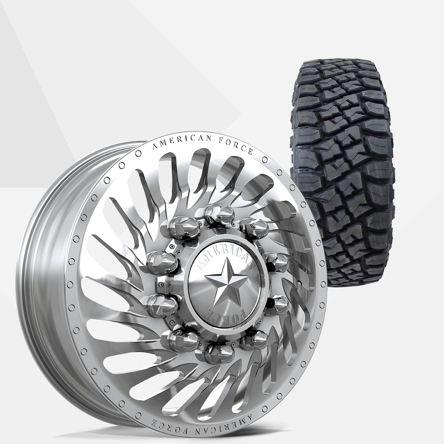 American Force Riptide Polished 22x8.25 Wheels & Toyo Tires Open Country RT Pro 285/55R22 Tires - 22" Dually Package