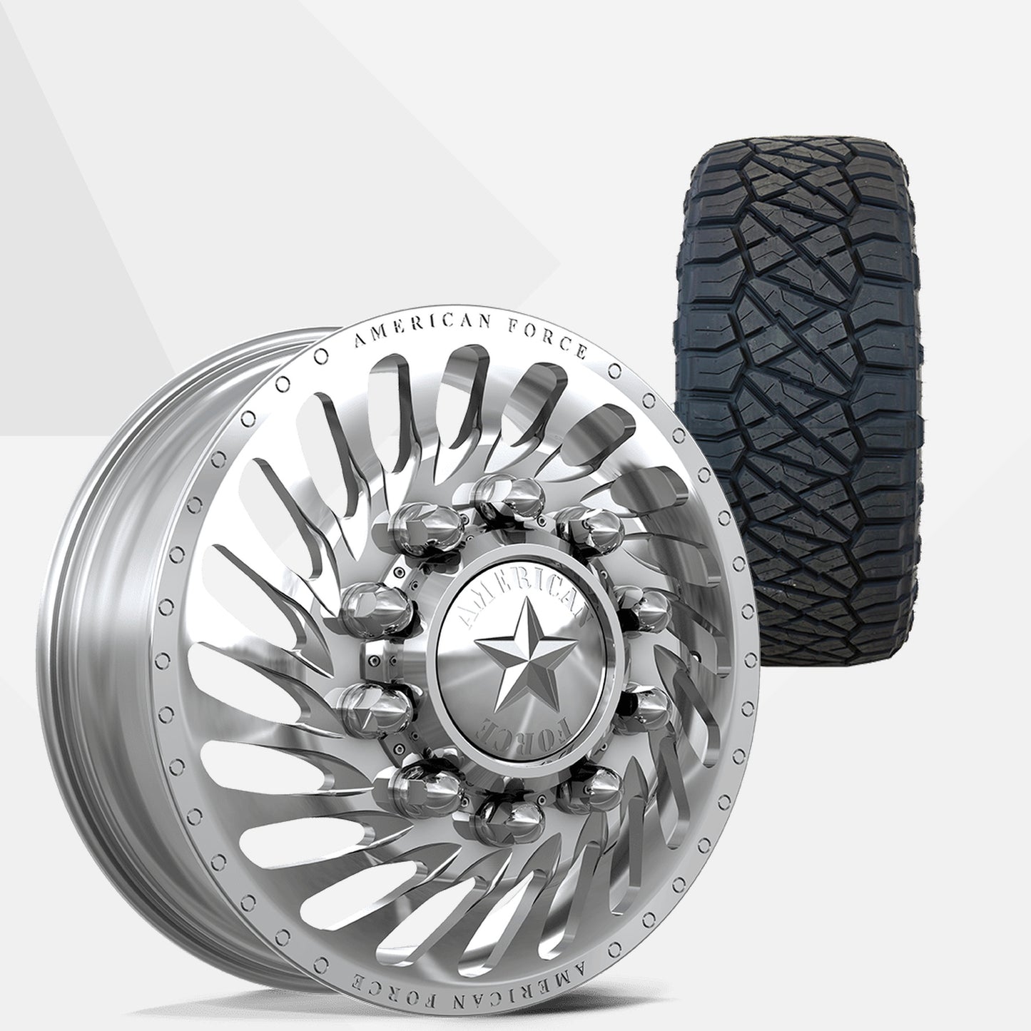 American Force Riptide Polished 22x8.25 Wheels & Nitto Tires Ridge Grappler 315/45R22 Tires - 22" Dually Package